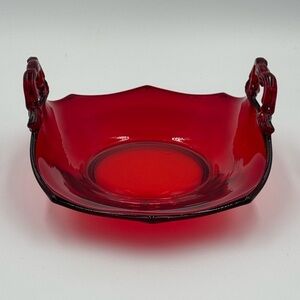 Vintage Martinville Glass Ruby Red Decagon Bon Bon Basket Bowl 2 Handles
